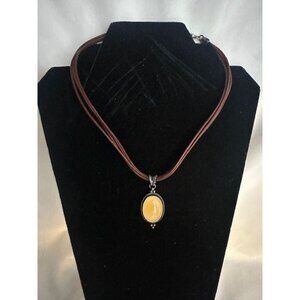 Vintage Dakota West 4 Strand Leather Necklace W/Sterling Yellow Calcite Pendant